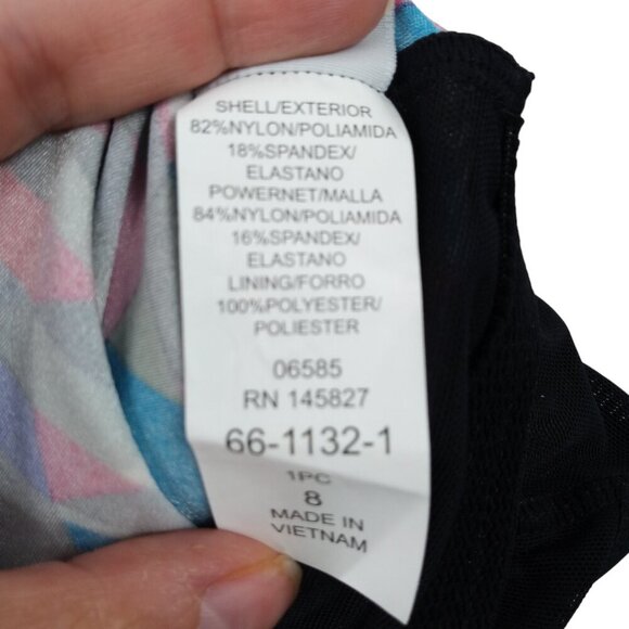 Longitude Geometric One Piece Slimming Lined Swimsuit Size 8 Shelf Bra Black - Picture 11 of 11